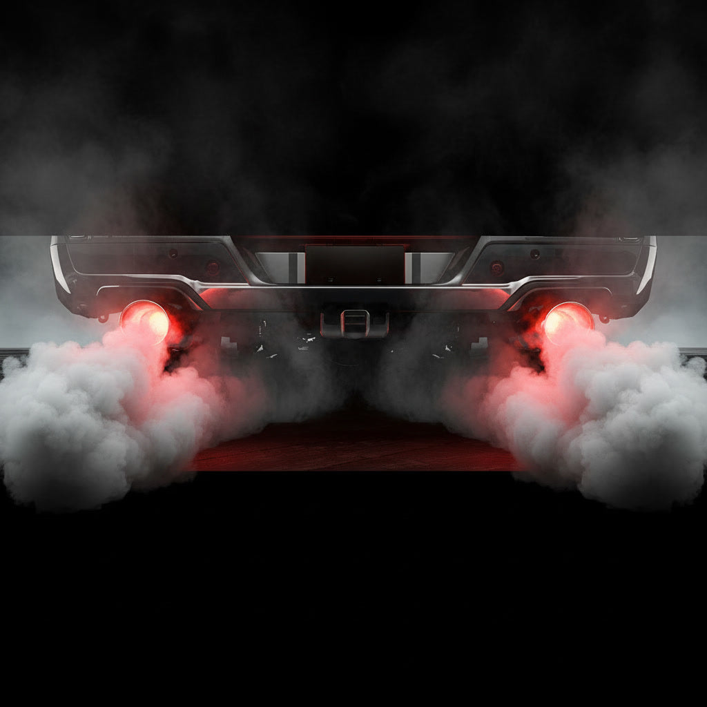Borla exhaust tips glowing red hot on a black performance truck rear view with exhaust smoke