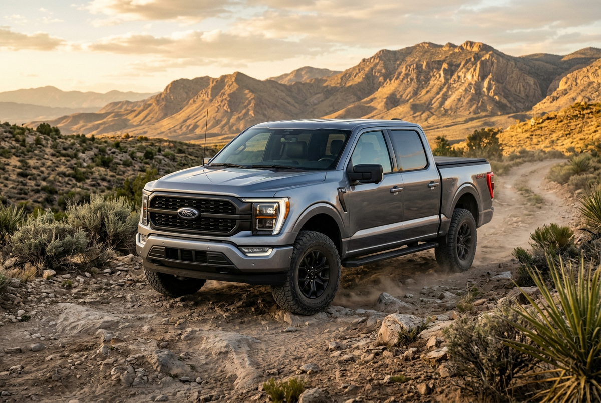 AI-generated illustration of a silver modern F-150-style pickup on a rocky desert trail