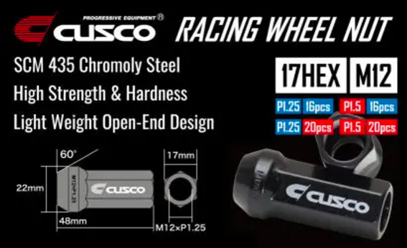 Cusco Universal Wheel Lug Nut Set M12 x P1.5mm - Black (16pcs)