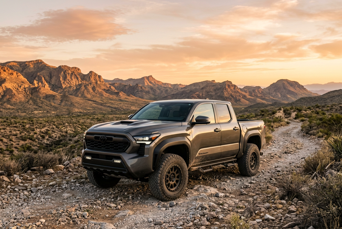 AI-generated illustration of a gray fourth-generation Tacoma-style pickup on a desert trail