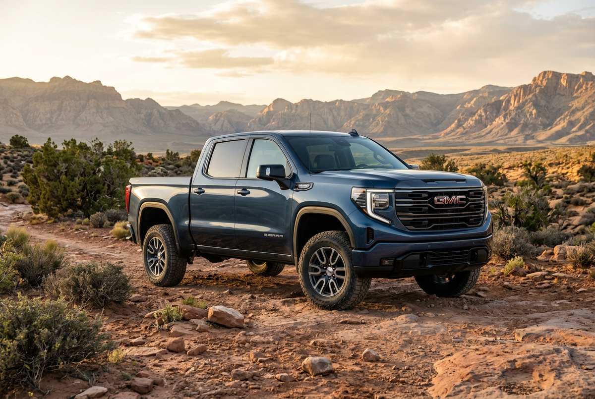 AI-generated illustration of a blue Sierra 1500-style pickup on a rocky desert trail