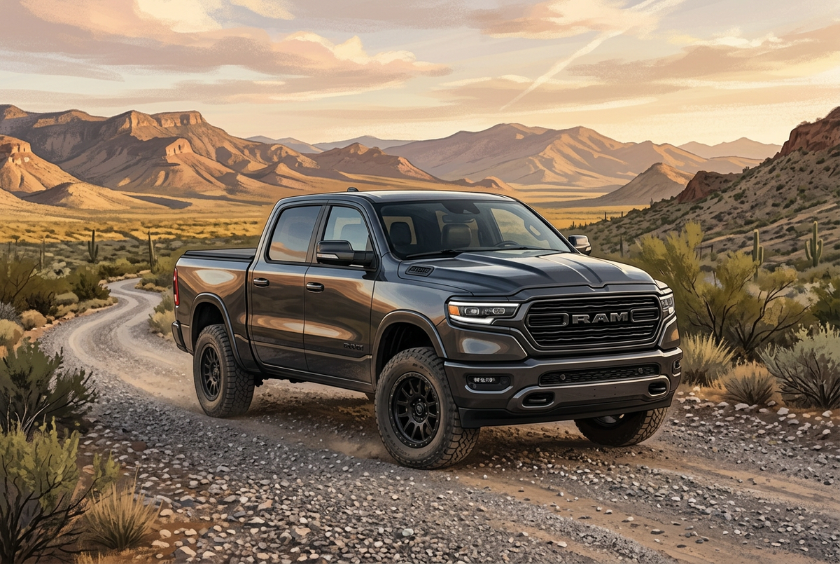 AI-generated illustration of a modern Ram 1500-style pickup on a desert trail