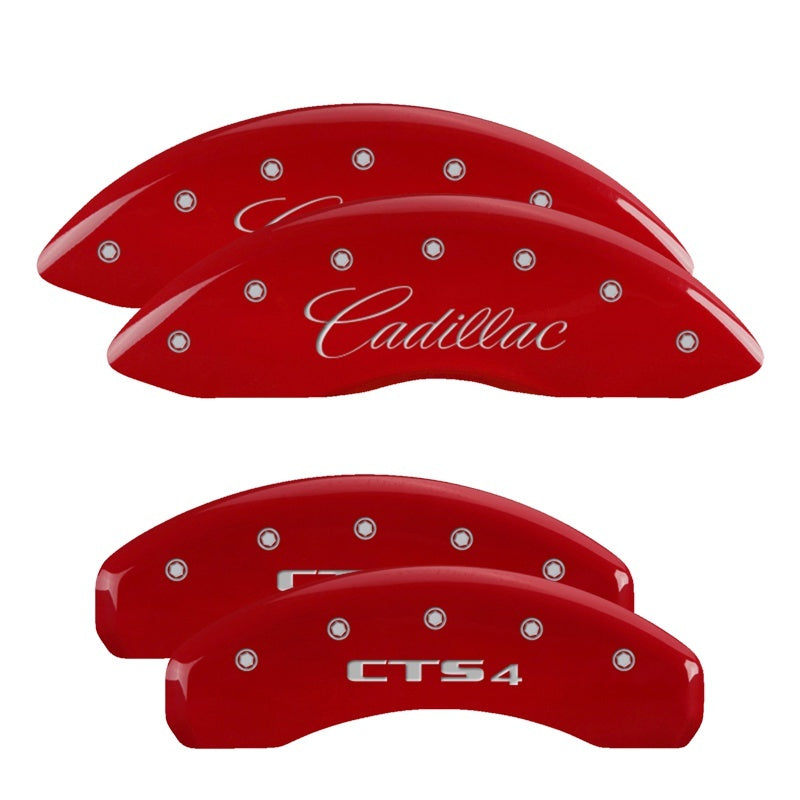 MGP 4 Caliper Covers Engraved Front Cursive/Cadillac Engraved Rear CTS4 Red finish silver ch