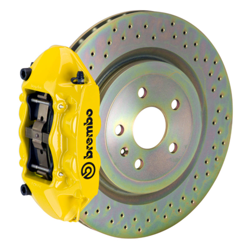 Brembo 10-15 Camaro V6 Rear GT BBK 4 Piston Cast 365x28 1pc Rotor Drilled- Yellow