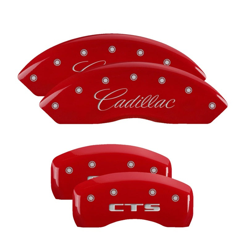 MGP 4 Caliper Covers Engraved Front Cursive/Cadillac Engraved Rear CTS Red finish silver ch