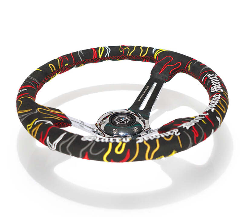 NRG Reinforced Steering Wheel R Litteral Sig 3in Deep/5mm Chrm Spk - Blk Alc w/ Red Stitch