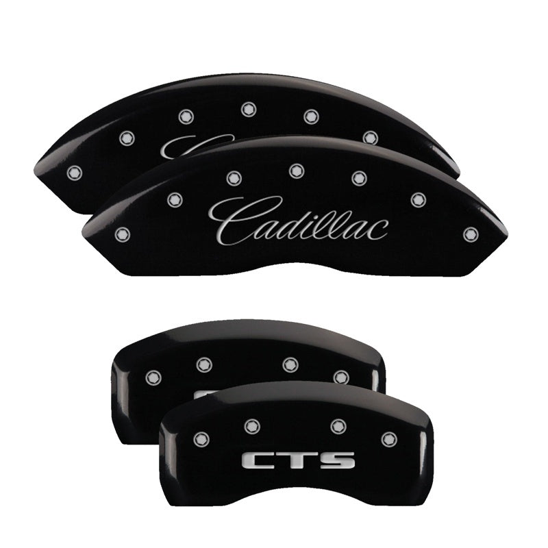 MGP 4 Caliper Covers Engraved Front Cursive/Cadillac Engraved Rear CTS Black finish silver ch