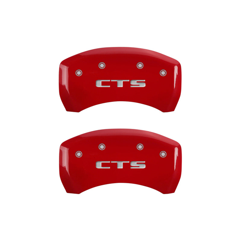 MGP 4 Caliper Covers Engraved Front Cursive/Cadillac Engraved Rear CTS Red finish silver ch