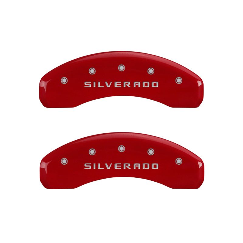 MGP 4 Caliper Covers Engraved Front & Rear Silverado Red finish silver ch