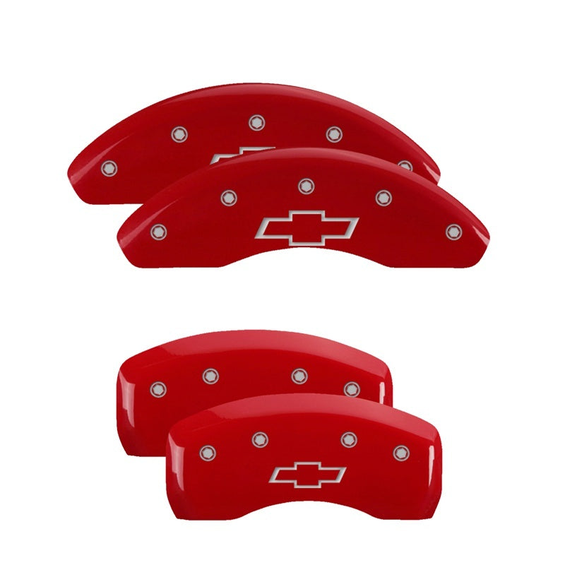 MGP 4 Caliper Covers Engraved Front & Rear Bowtie Red Finish Silver Char 2019 Chevrolet Bolt EV