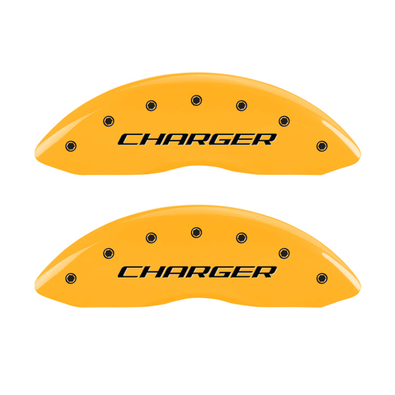 MGP 4 Caliper Covers Engraved Front Charger Engraved Rear RT Yellow finish black ch