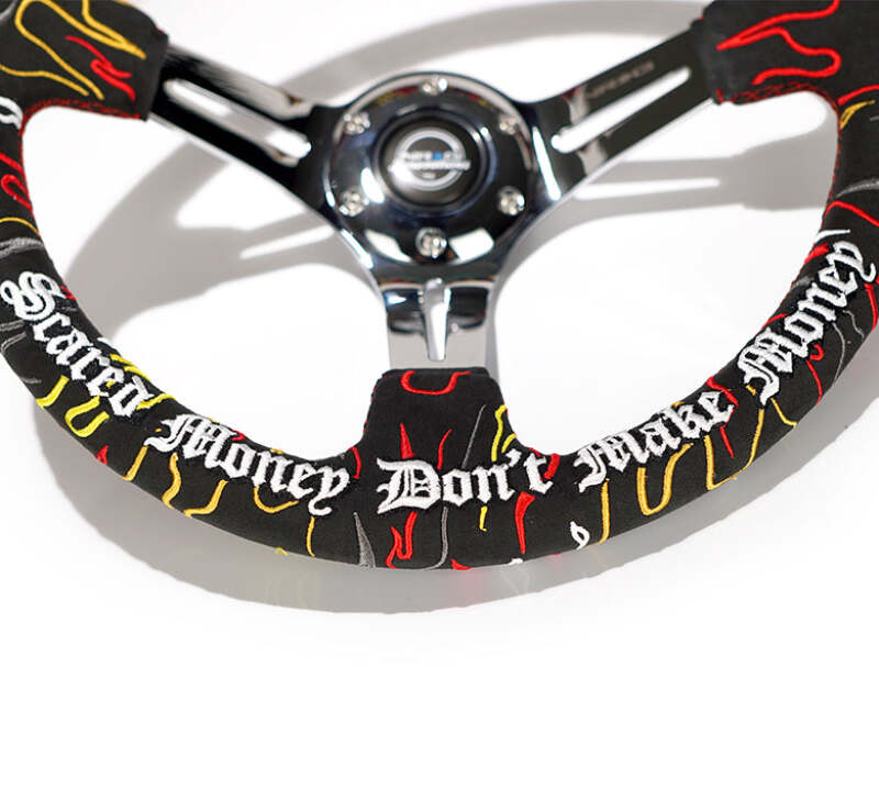 NRG Reinforced Steering Wheel R Litteral Sig 3in Deep/5mm Chrm Spk - Blk Alc w/ Red Stitch