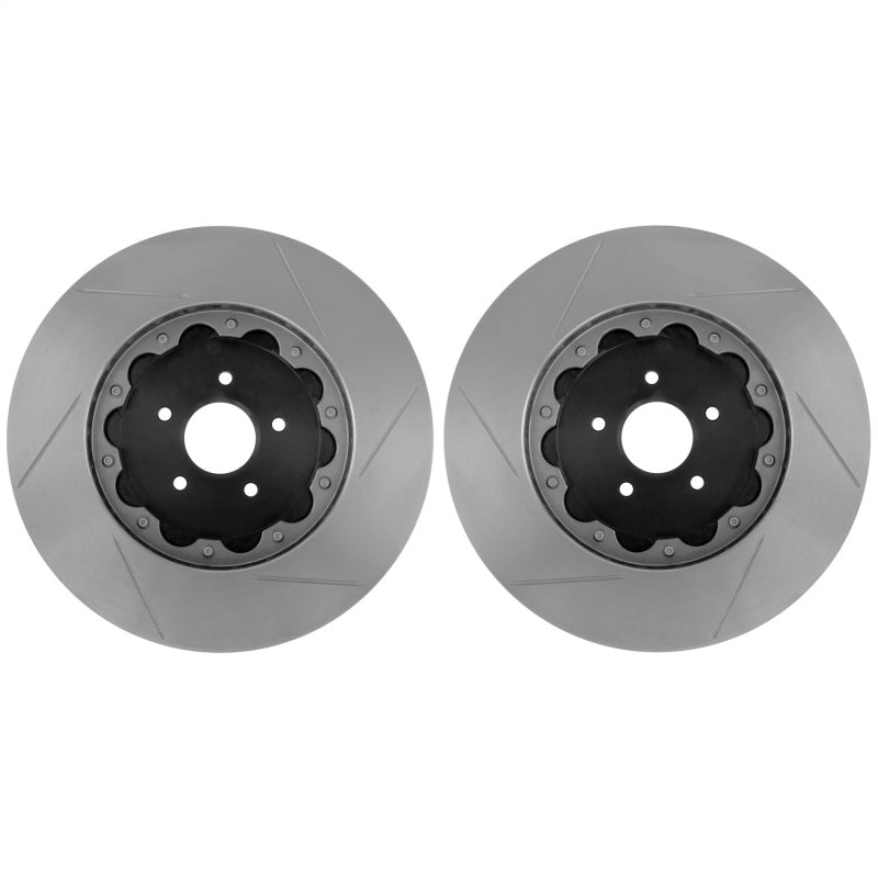 StopTech 13-14 Ford Mustang Shelby GT500 AeroRotor 2pc Drilled and Zinc Plated Front Rotor (Pair)