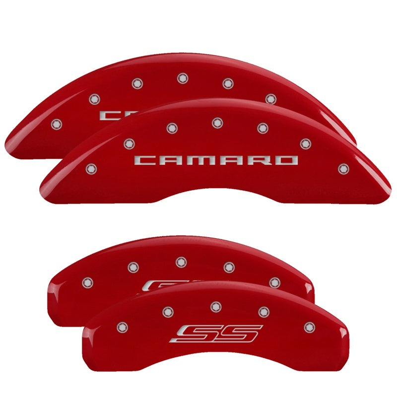 MGP 4 Caliper Covers Engraved Front Gen 5/Camaro Engraved Rear Gen 5/SS Red finish silver ch