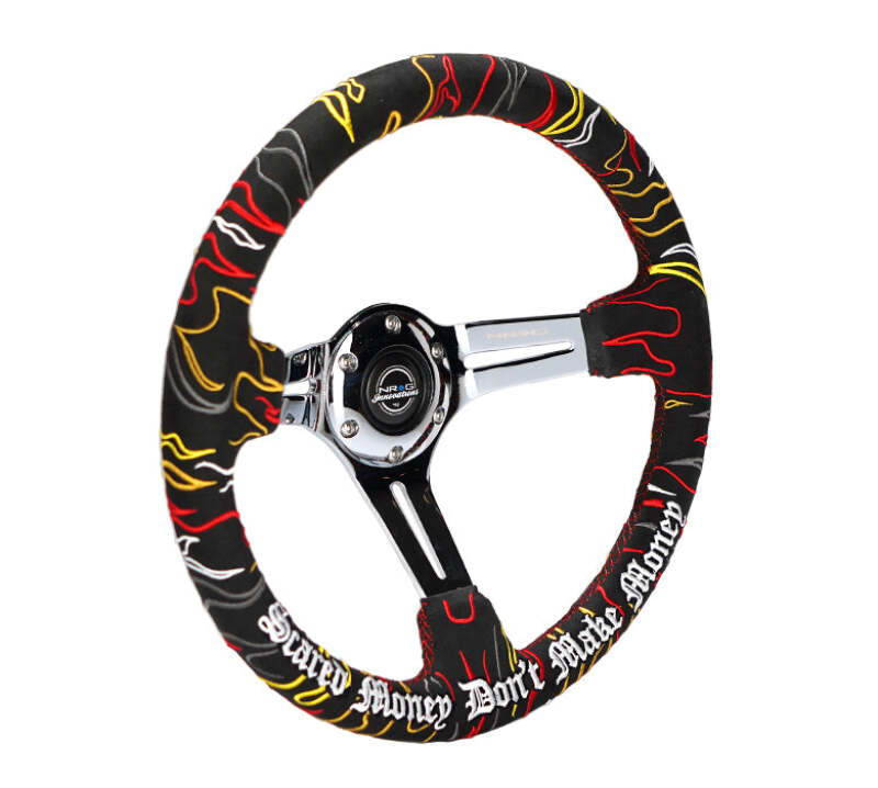 NRG Reinforced Steering Wheel R Litteral Sig 3in Deep/5mm Chrm Spk - Blk Alc w/ Red Stitch