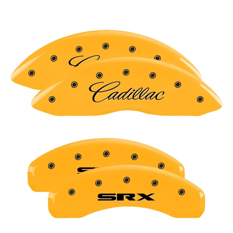 MGP 4 Caliper Covers Engraved Front Cursive/Cadillac Engraved Rear SRX Yellow finish black ch