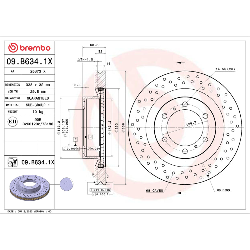 Brembo 10-20 Lexus GX460 / 10-20 Toyota 4Runner Drilled Xtra Brake Disc - Front