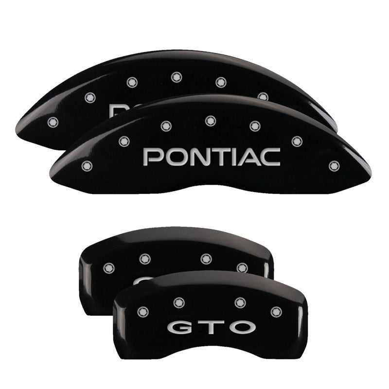 MGP 4 Caliper Covers Engraved Front Pontiac Engraved Rear GXP Black finish silver ch