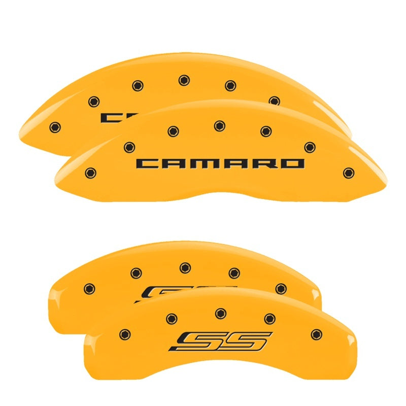 MGP 4 Caliper Covers Engraved Front Gen 5/Camaro Engraved Rear Gen 5/SS Yellow finish black ch