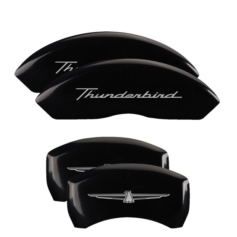 MGP 4 Caliper Covers Engrvd Front No bolts/Tbird Engrvd Rear/Tbird Emblem Blk fnsh slvr ch