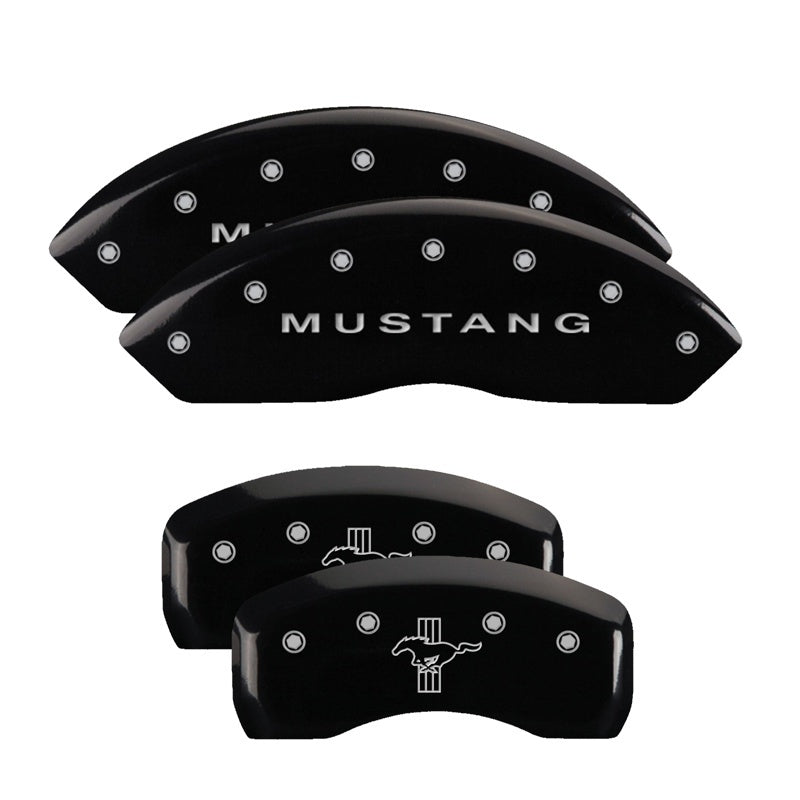 MGP 4 Caliper Covers Engraved Front Mustang Engraved Rear Bar & Pony Black finish silver ch