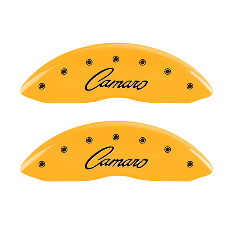 MGP 4 Caliper Covers Engraved Front & Rear Cursive/Camaro Yellow finish black ch