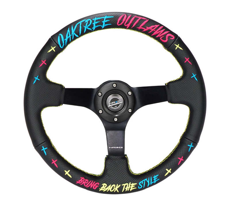 NRG Reinforced Steering Wheel - Oak Tree Outlaws 3in Deep/5mm Blk Spk 350mm Wheel - Blk Perf Lthr