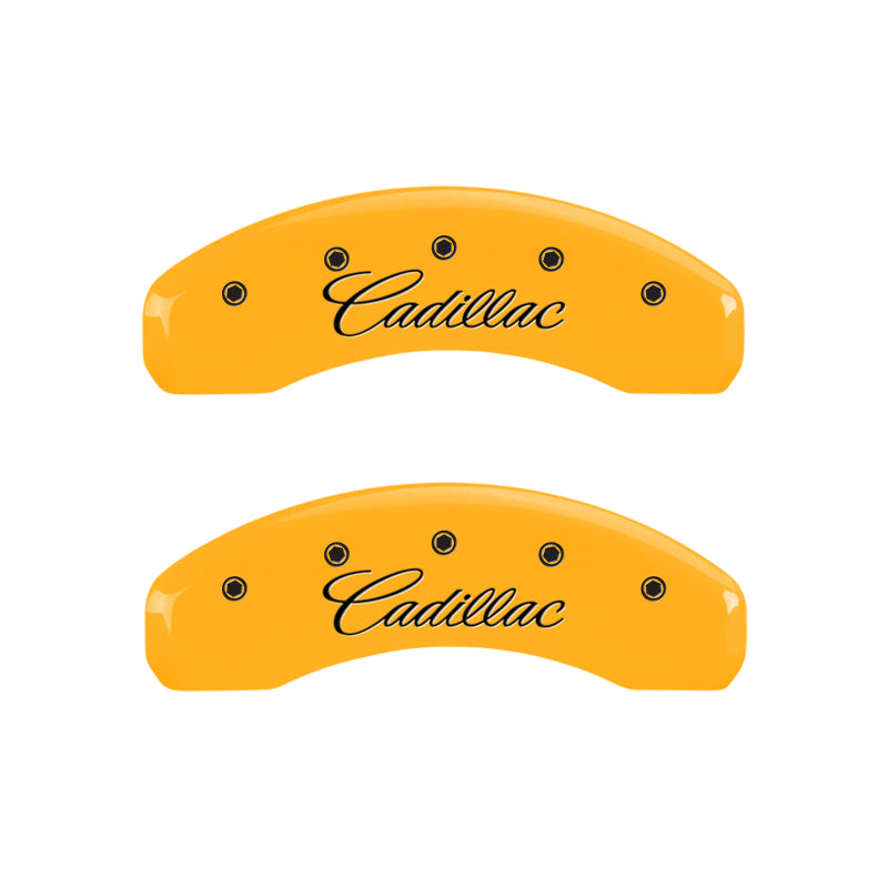 MGP 4 Caliper Covers Engraved Front & Rear Cursive/Cadillac Yellow finish black ch