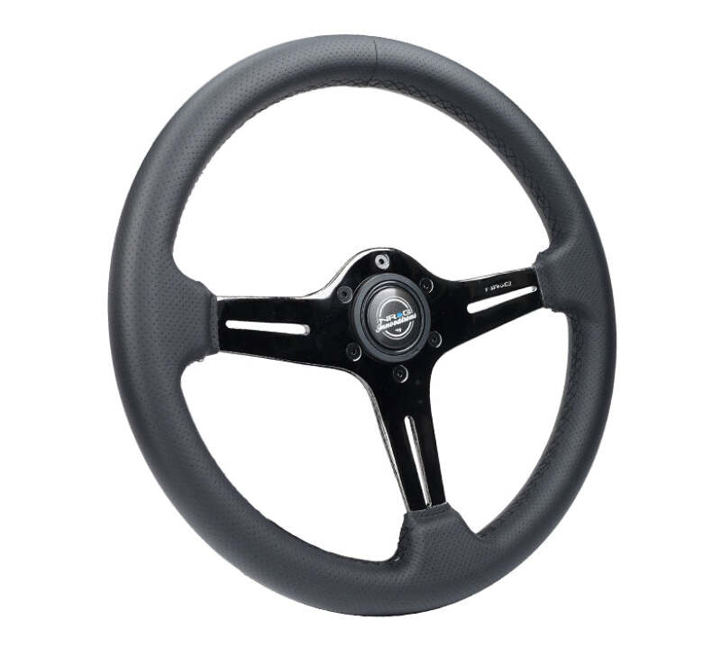 NRG Light Weight Gaming Steering Wheel - 350mm 3 Black Chrome Silver Spokes Perforated Leather