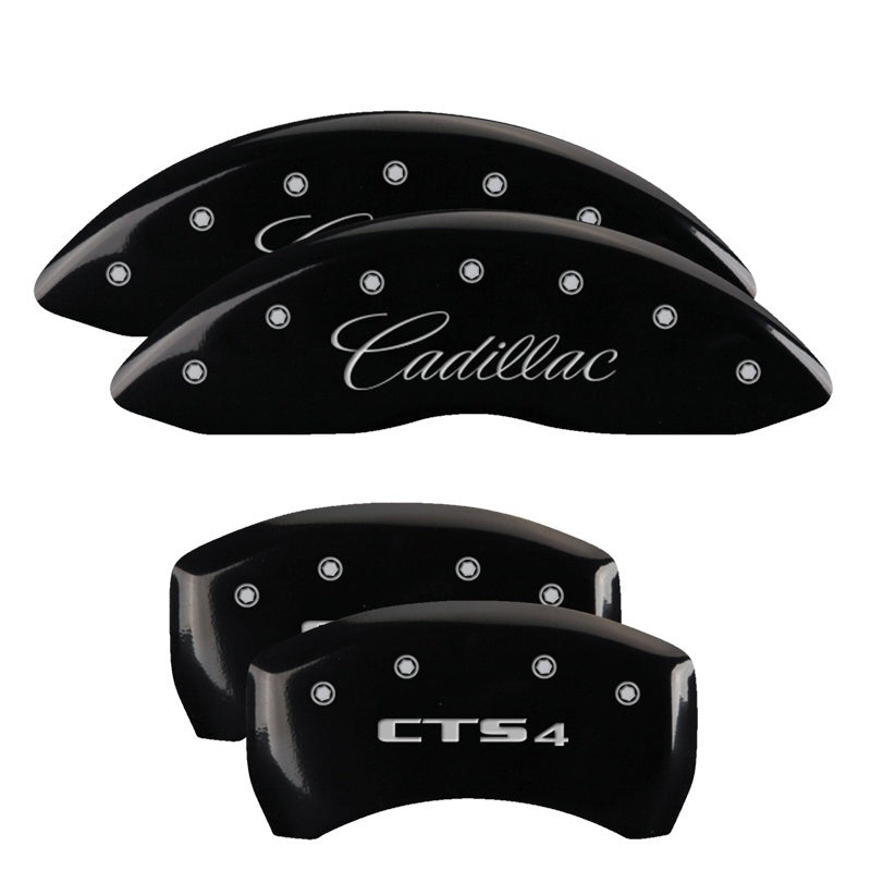 MGP 4 Caliper Covers Engraved Front Cursive/Cadillac Engraved Rear CTS4 Black finish silver ch