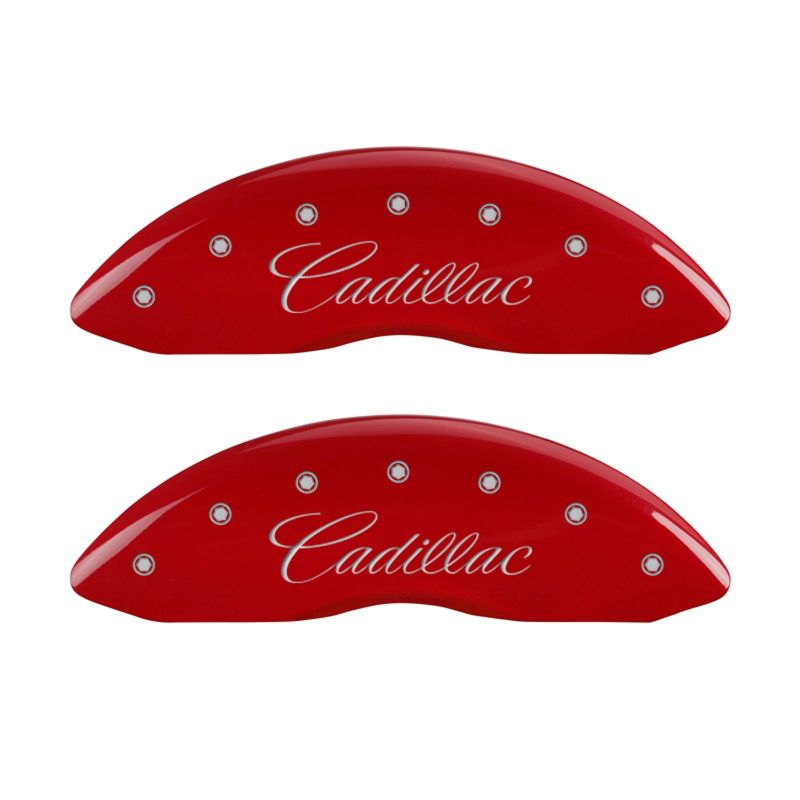 MGP 4 Caliper Covers Engraved Front Cursive/Cadillac Engraved Rear SRX Red finish silver ch