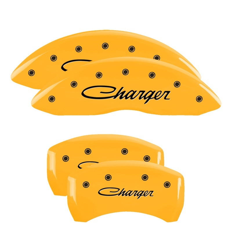 MGP 4 Caliper Covers Engraved Front & Rear Cursive/Charger Yellow finish black ch