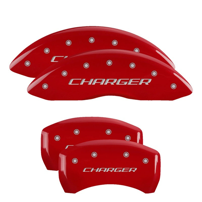 MGP 4 Caliper Covers Engraved Front & Rear With stripes/Challenger Red finish silver ch