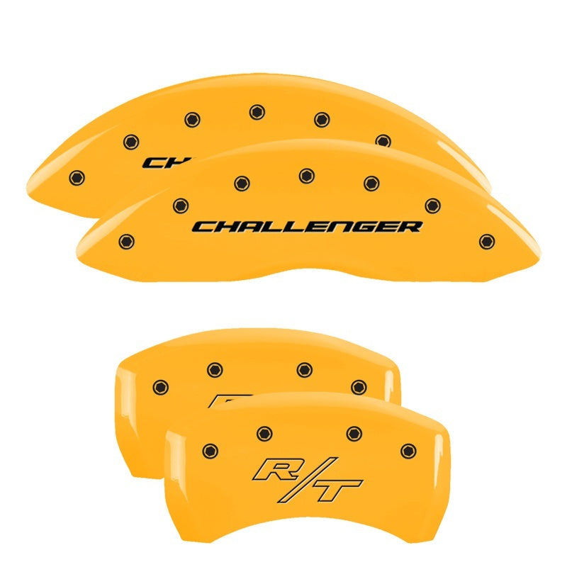 MGP 4 Caliper Covers Engraved Front & Rear 05-10 Dodge Charger R/T Yellow Finish Black Cursive Logo