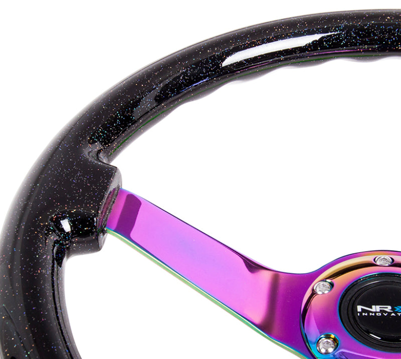 NRG Reinforced Steering Wheel (350mm / 3in. Deep) Classic Blk Sparkle w/4mm Neochrome 3-Spoke Center