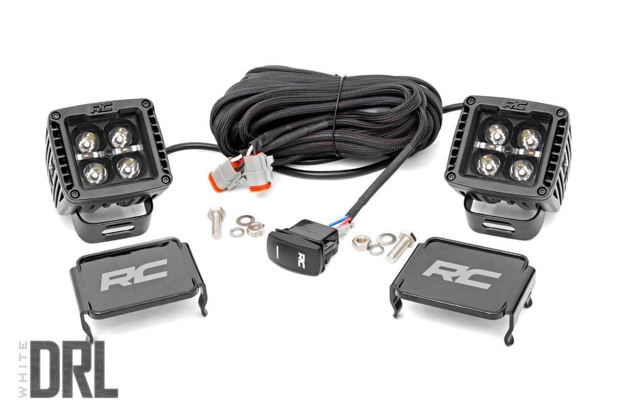 Rough Country 2-INCH SQUARE CREE LED LIGHTS - (PAIR | BLACK SERIES W/ COOL WHITE DRL) 70903BLKDRL