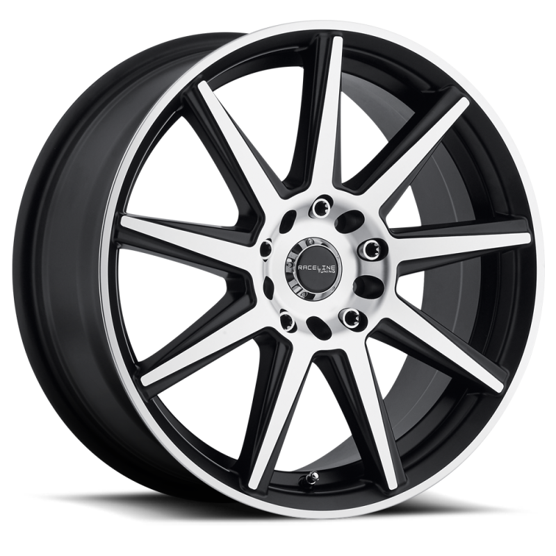 Raceline 144M Storm 18x7.5in / 5x100/5x114.3 BP / 42mm Offset / 72.62mm Bore- Black & Machined Wheel