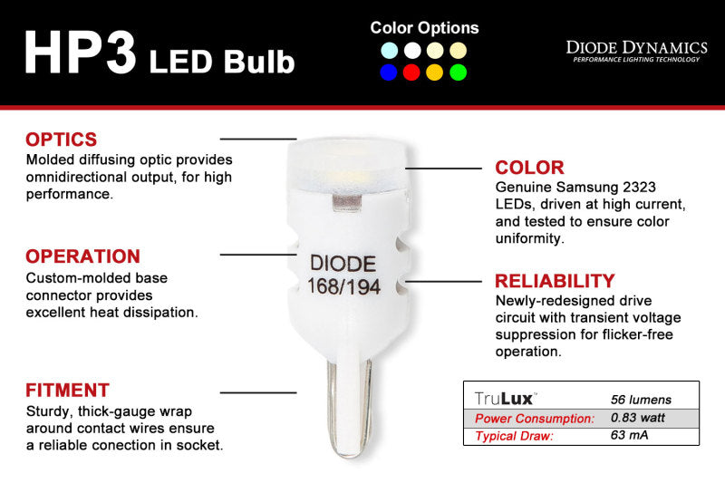 Diode Dynamics 194 LED Bulb HP3 LED Warm - White Short (Pair)