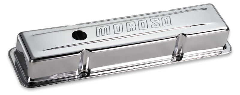 Moroso Chevrolet Small Block Valve Cover - w/Baffle - Stock Height - Stamped Steel Chrome Plated