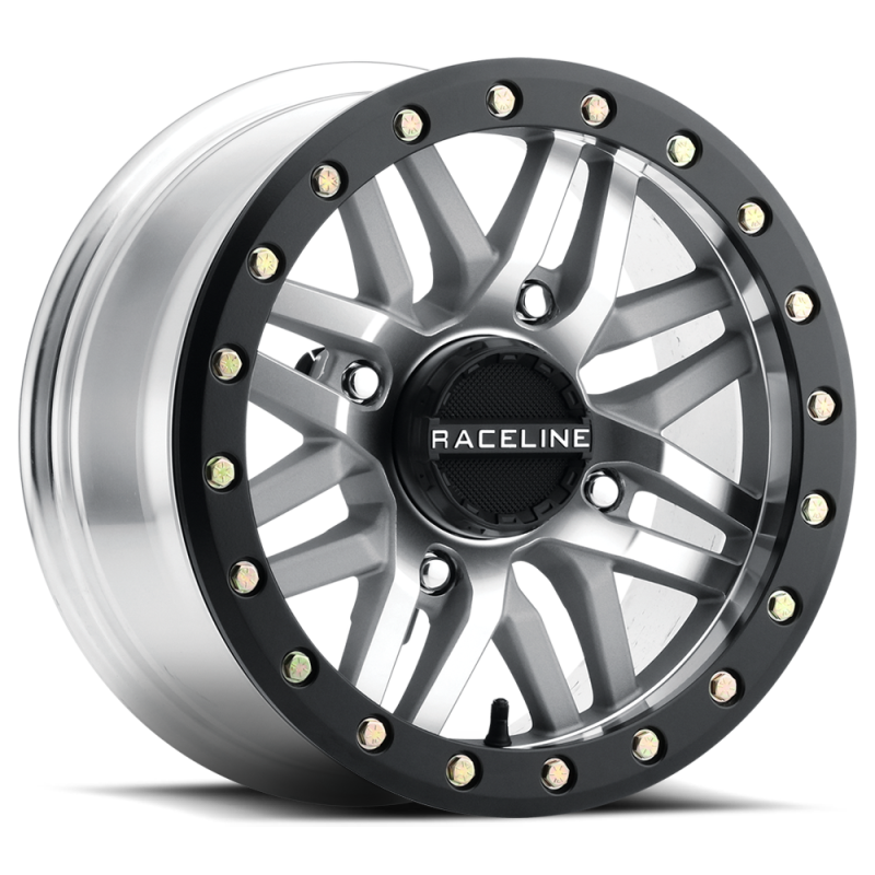 Raceline A91MA Ryno 14x7in/4x156 BP/10mm Offset/132.5mm Bore - Machined & Black Ring Beadlock Wheel