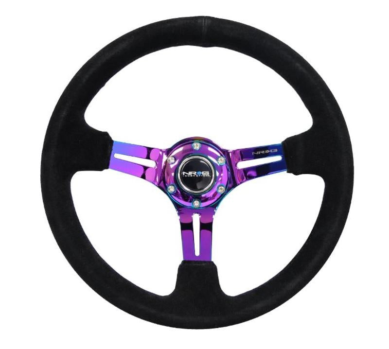 NRG Reinforced Steering Wheel (350mm / 3in. Deep) Blk Suede/Red Stitch w/Neochrome Slits