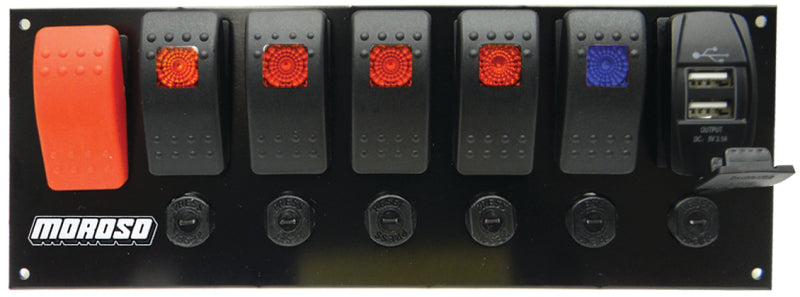 Moroso Rocker Switch Panel - Flat Surface Mount - LED w/USB - 3.388in x 9.15in -Five On/Off Switches