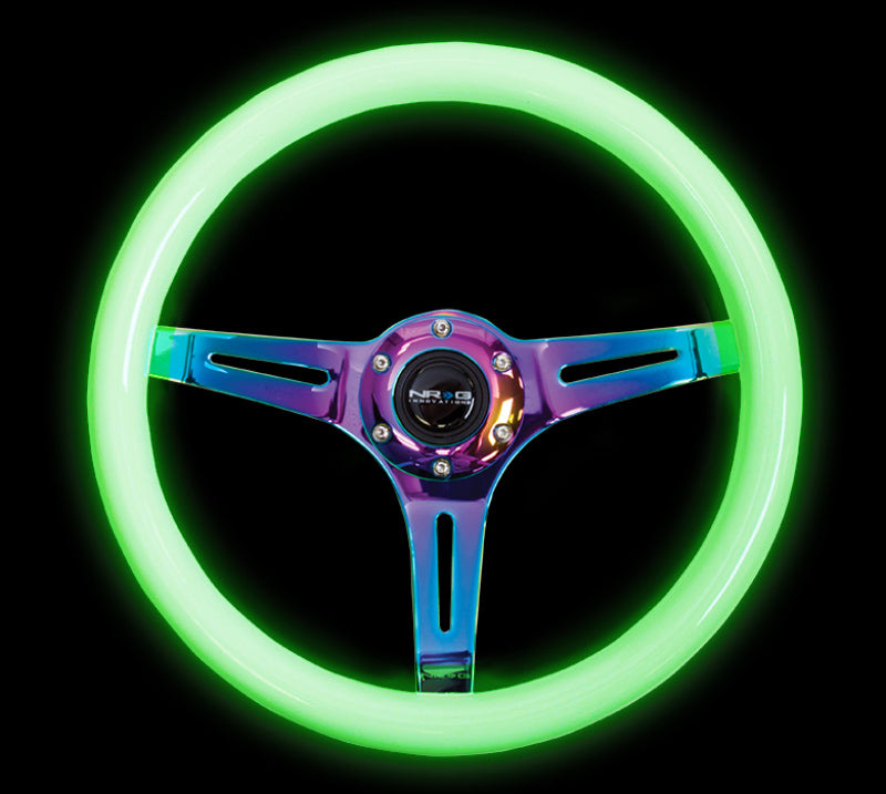 NRG Classic Wood Grain Steering Wheel (350mm) Glow-N-The-Dark Green Grip w/Neochrome 3-Spoke Center