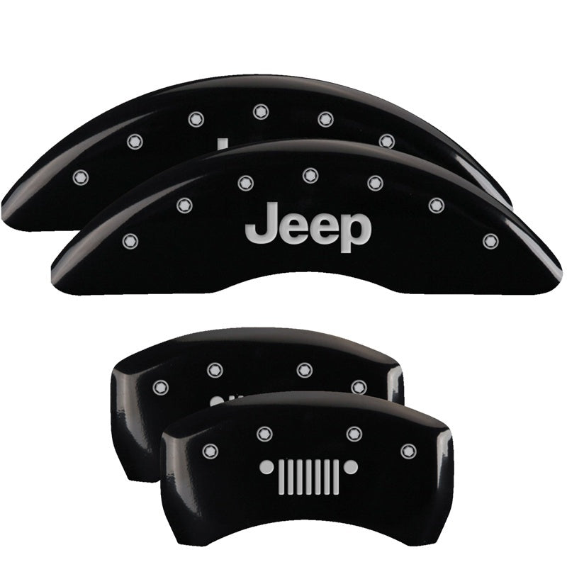 MGP 4 Caliper Covers Engraved Front JEEP Engraved Rear JEEP Grill logo Black finish silver ch