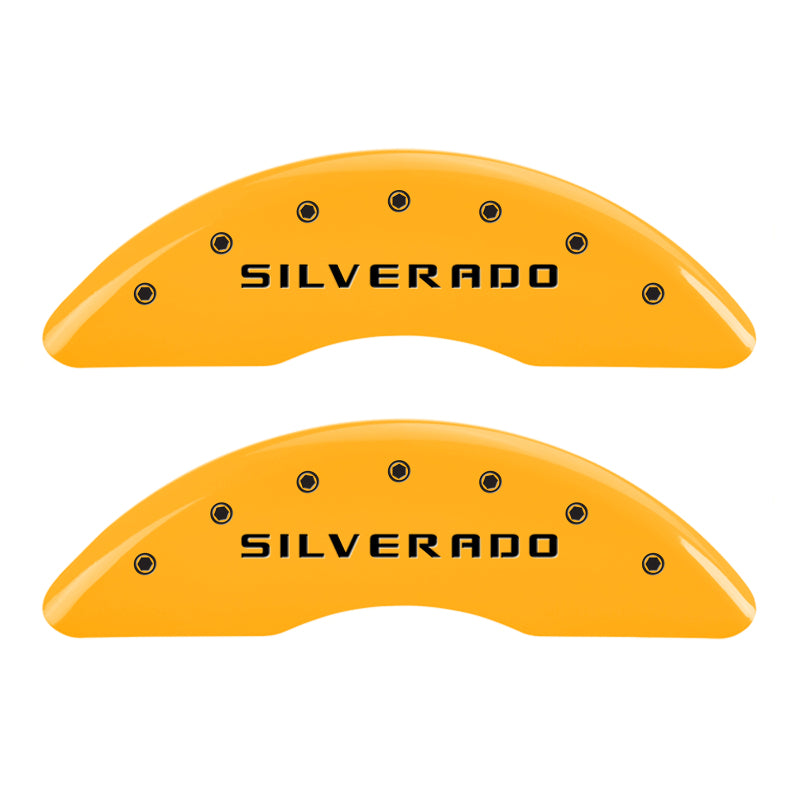 MGP 4 Caliper Covers Engraved Front & Rear Silverado Yellow finish black ch