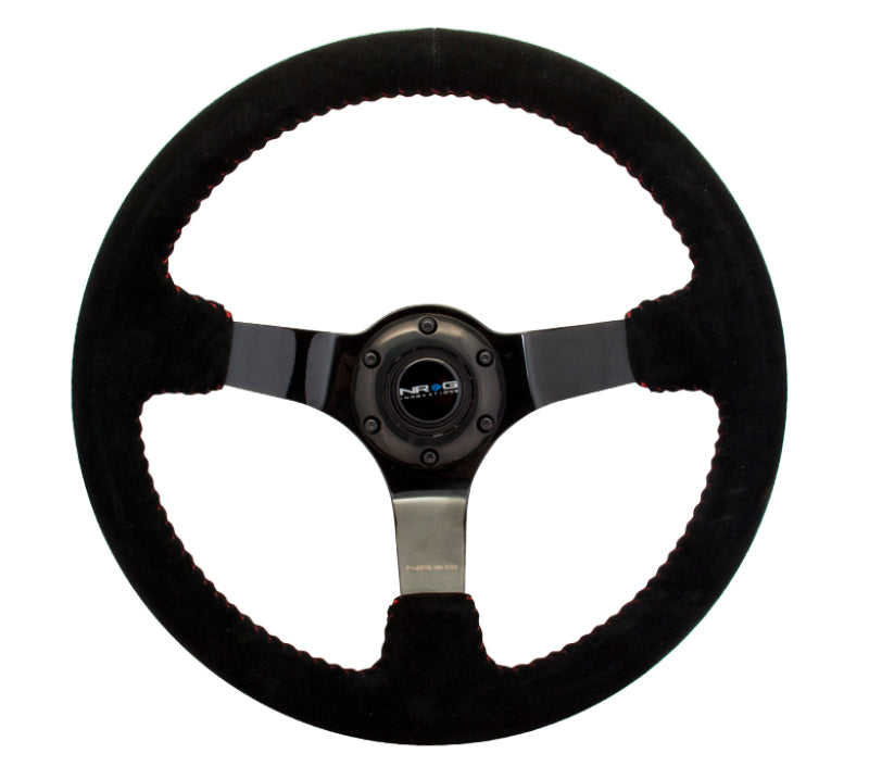 NRG Reinforced Steering Wheel (350mm / 3in. Deep) Blk Suede w/Red BBall Stitch & Black 3-Spoke