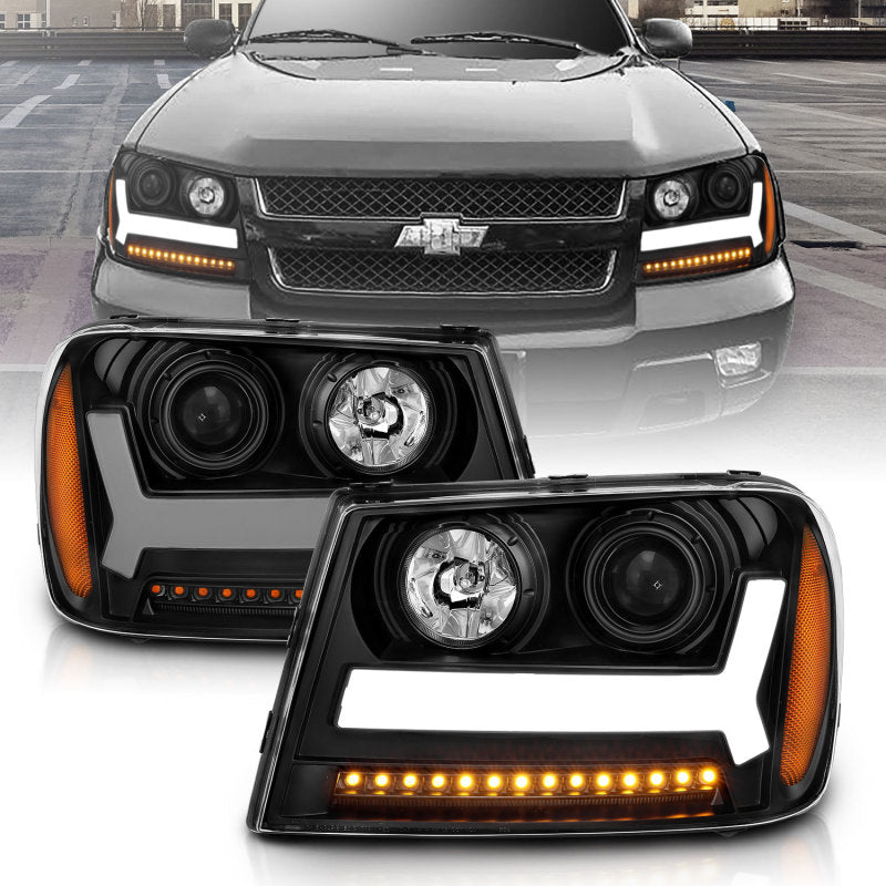 ANZO 2006-2009 Chevrolet Trailblazer Projector Headlights w/ Plank Style Design Black w/ Amber