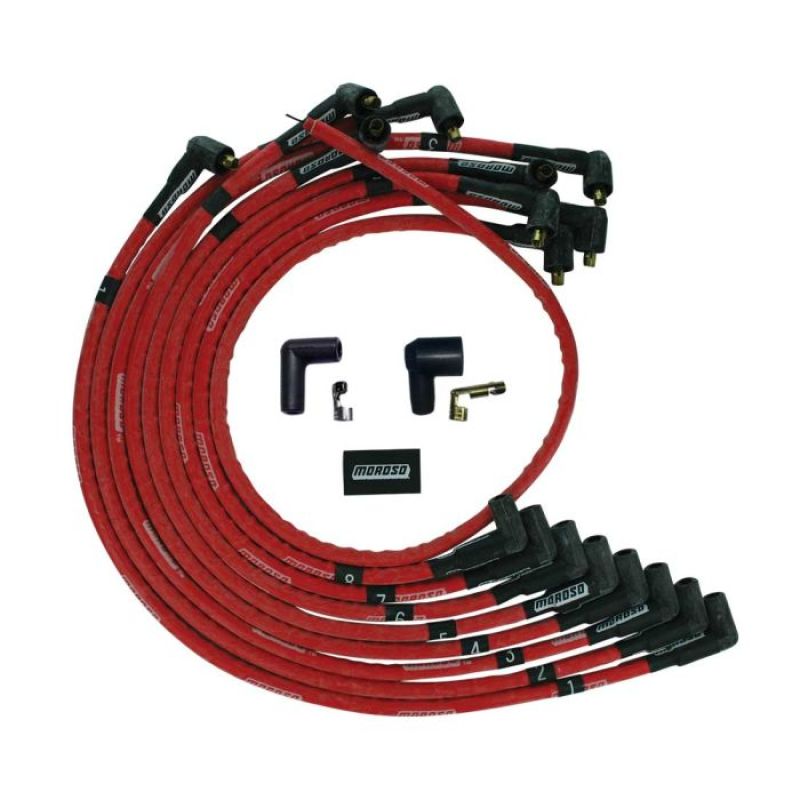 Moroso SBC Over Valve Cover 90Deg Plug Non-HEI Sleeved Ultra Spark Plug Wire Set - Red