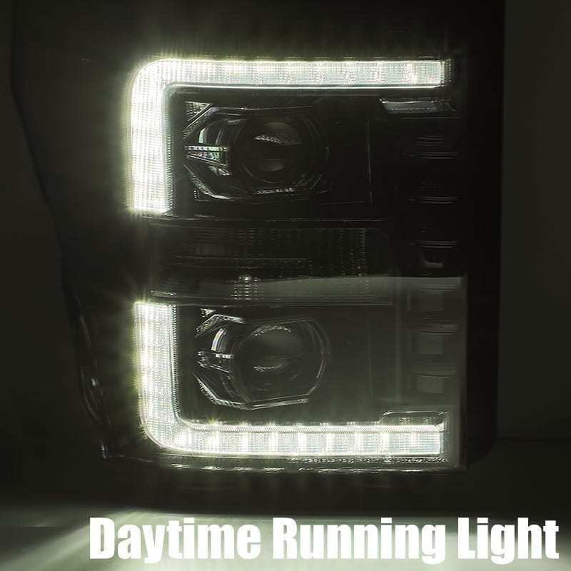 AlphaRex 11-16 Ford F-350 SD LUXX LED Proj Headlights Plank Style Chrm w/Activ Light/Seq Signal/DRL