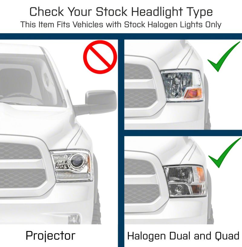 Raxiom 09-18 Dodge RAM 1500 Axial Series Euro Style Headlights w/ Dual Bulb Blk Housing (Clear Lens)